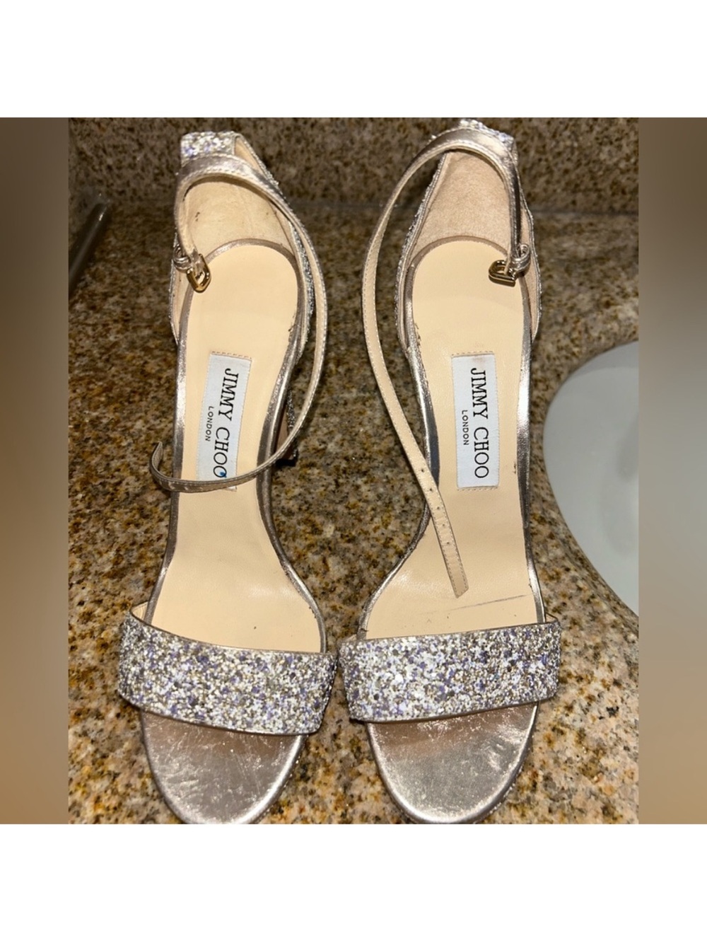Jimmy Choo Silver Glitter Ankle-Strap Heels